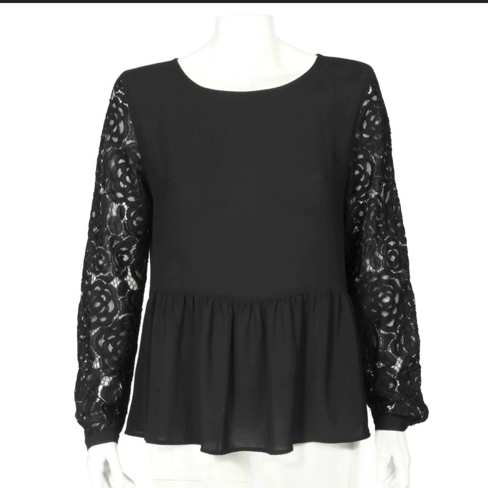 Ann Taylor Black Lace Sleeve Peplum Blouse